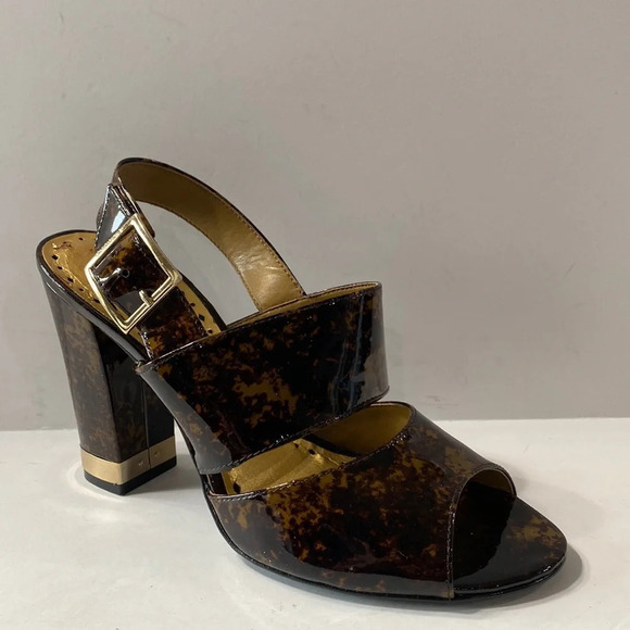 BCBGirls Brown Gold Tortoise Shell Patent Leather Ankle Strap Block Heels Size 9 - Picture 1 of 11